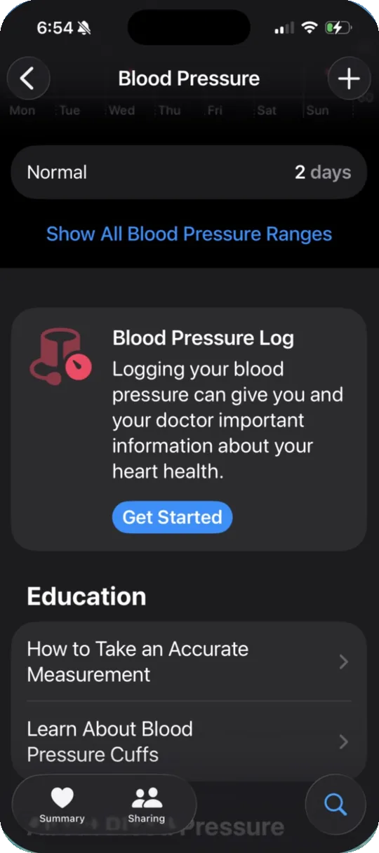Health app Blood Pressure screen with an add button and a Blood Pressure Log card with Get Started