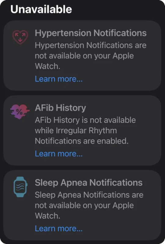 Health Checklist Unavailable section listing Hypertension Notifications, AFib History, and Sleep Apnea Notifications as not available