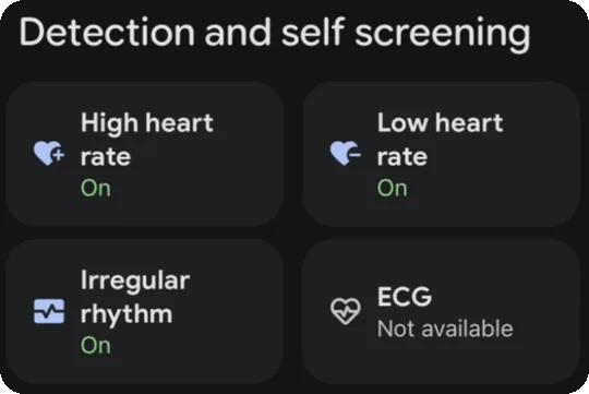 Detection and self screening panel showing High heart rate on, Low heart rate on, Irregular rhythm on, and ECG not available