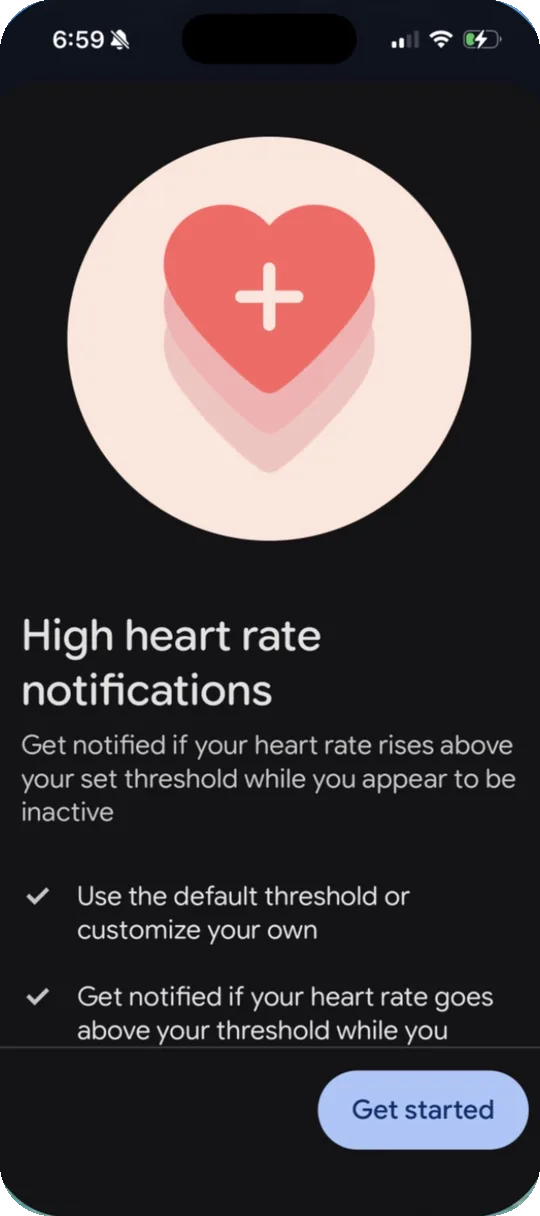 High heart rate notifications screen explaining alerts when your heart rate rises above your limit while you seem inactive