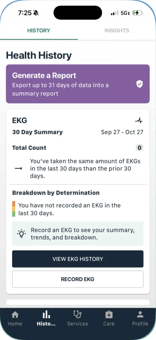Kardia Health History screen with Generate a Report and View EKG History