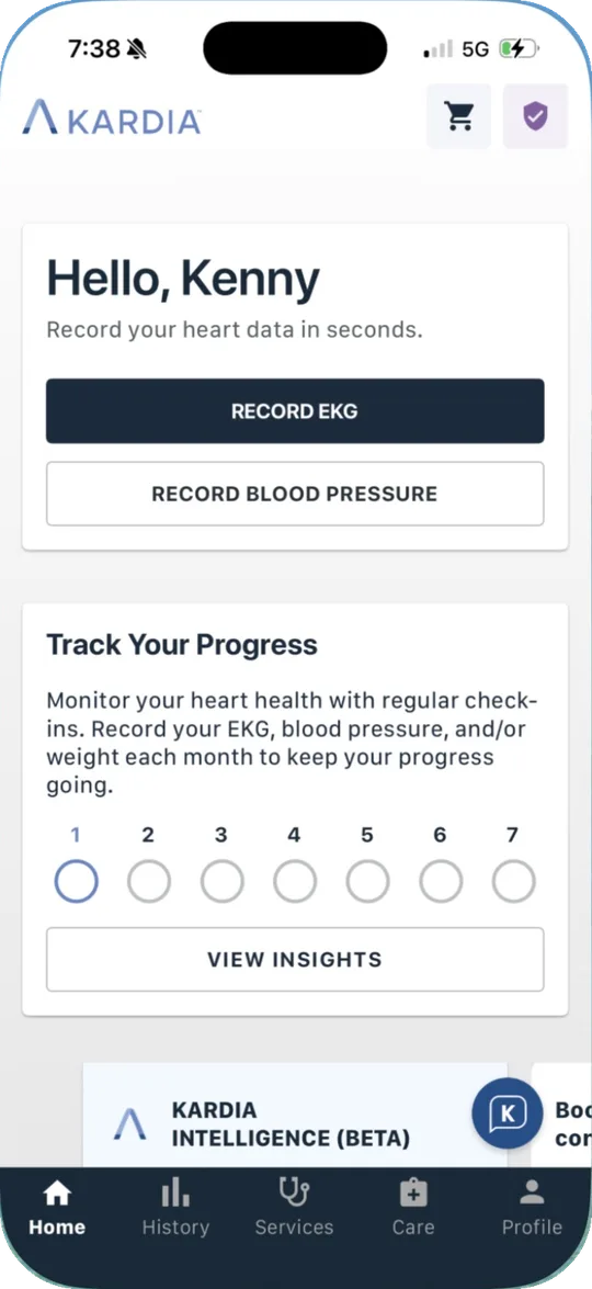 Kardia home screen with Record EKG and Record Blood Pressure buttons