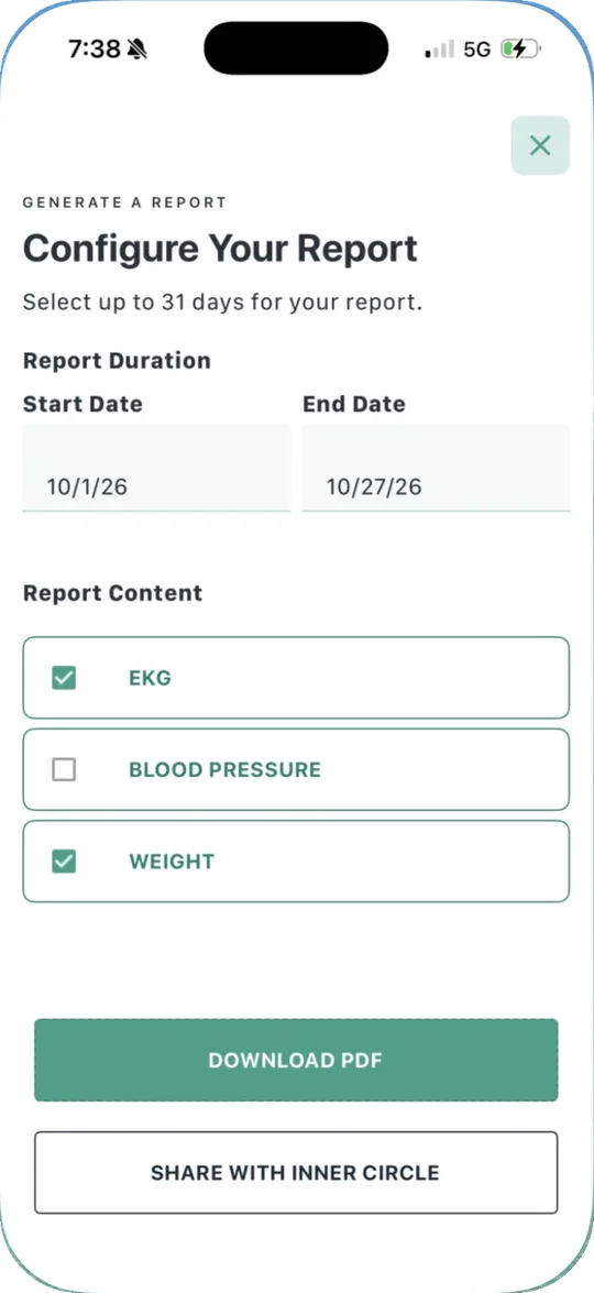 Configure Your Report screen with dates from October 1 to October 27, and EKG and weight selected